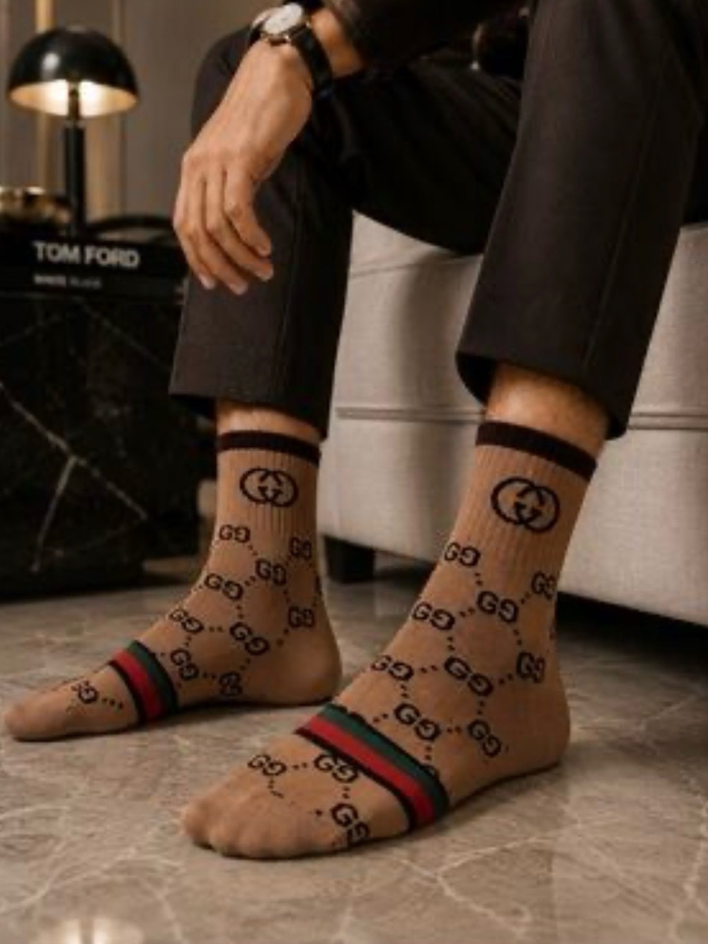 Gucci Tan Monogram Crew Socks with Red and Green Stripe